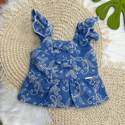 Conj. Bata com Flores Bordadas e Short em Sarja - Azul e Off